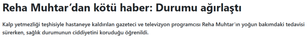 Reha Muhtar'ın Yoğun Bakımdaki Sağlık Durumunda Yeni Gelişme