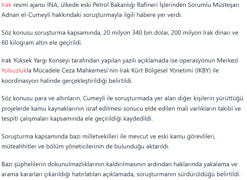Irak’ta yolsuzluk operasyonu